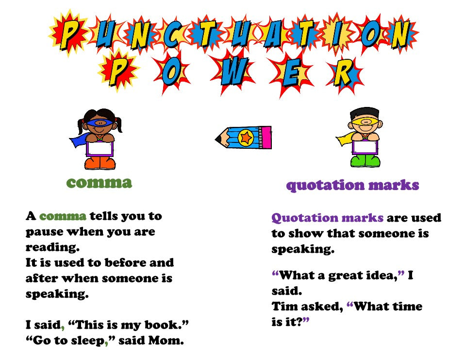 Punctuation Power Superhero Chart for comma and Quotation marks